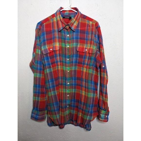 Lauren Ralph Lauren Tops - Lauren Ralph Lauren Womens XL Button Up Long Sleeve Plaid Lightweight Roll Up
